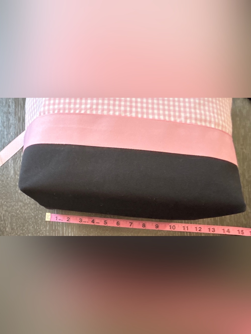 Pink Gingham Tote Bag. Black Straps. Ribbon Accent. Lined. Snap Closure. SKU 30 - Picture 7 of 8